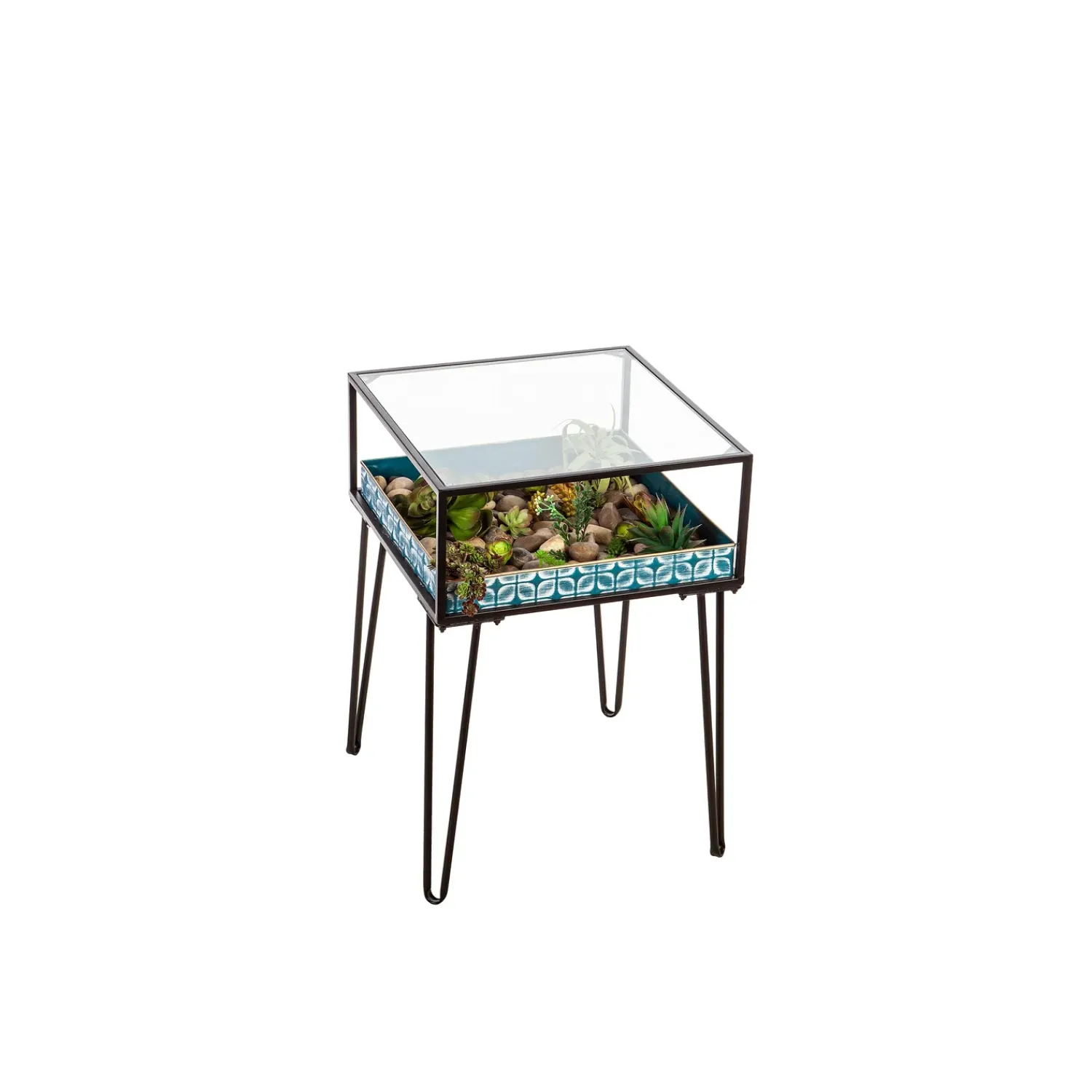 Plow & Hearth Accent Tables|Outdoor Side Tables>Metal Table with Glass Top and Teal Metal Planter Dish