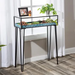 Plow & Hearth Accent Tables|Desks & Console Tables>Metal Table with Glass Top and Teal Metal Planter Dish