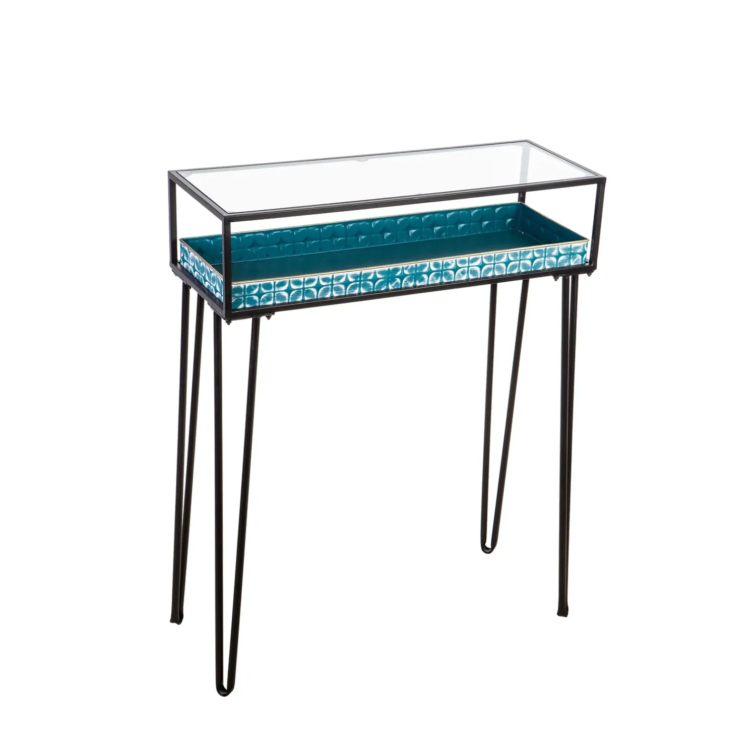 Plow & Hearth Accent Tables|Desks & Console Tables>Metal Table with Glass Top and Teal Metal Planter Dish