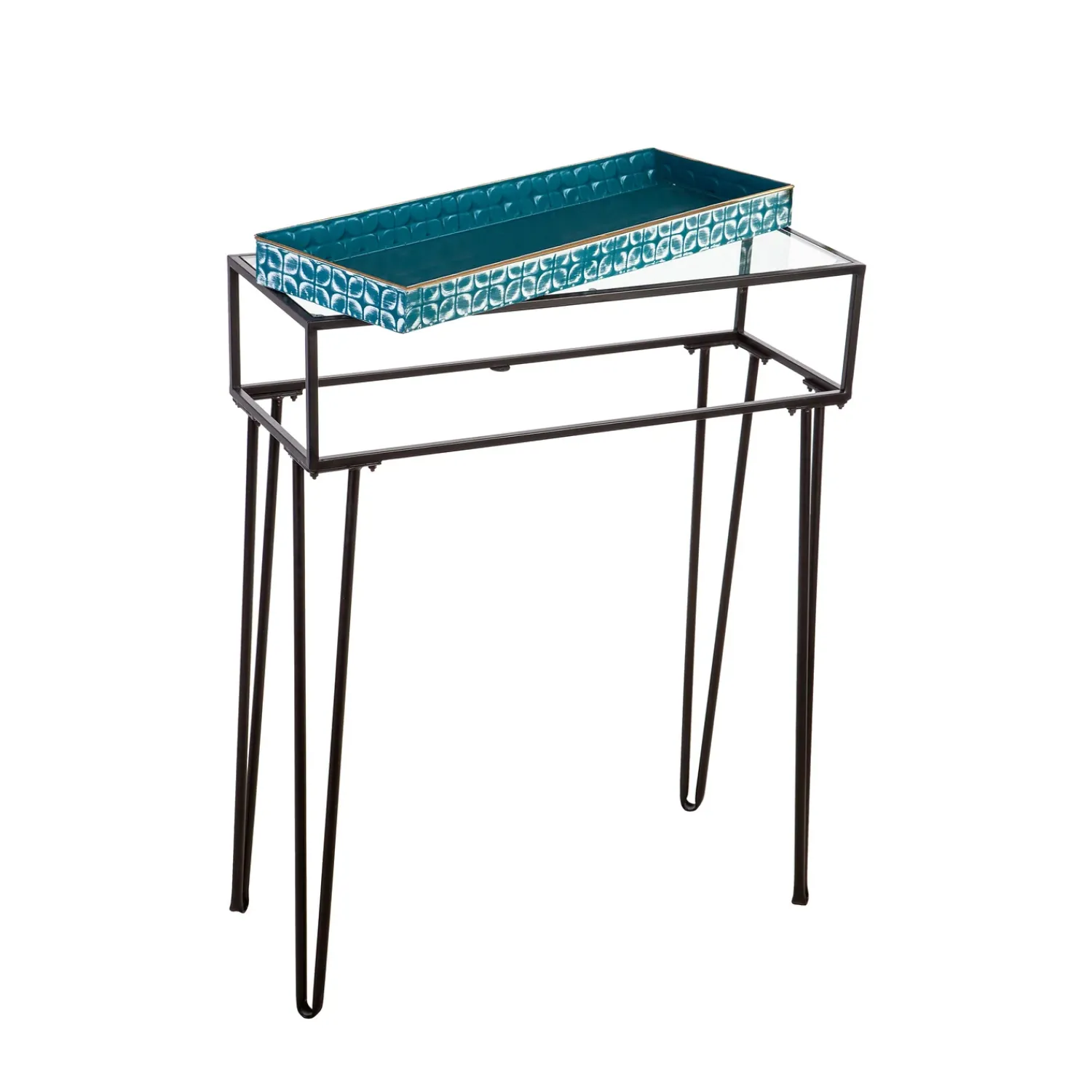 Plow & Hearth Accent Tables|Desks & Console Tables>Metal Table with Glass Top and Teal Metal Planter Dish