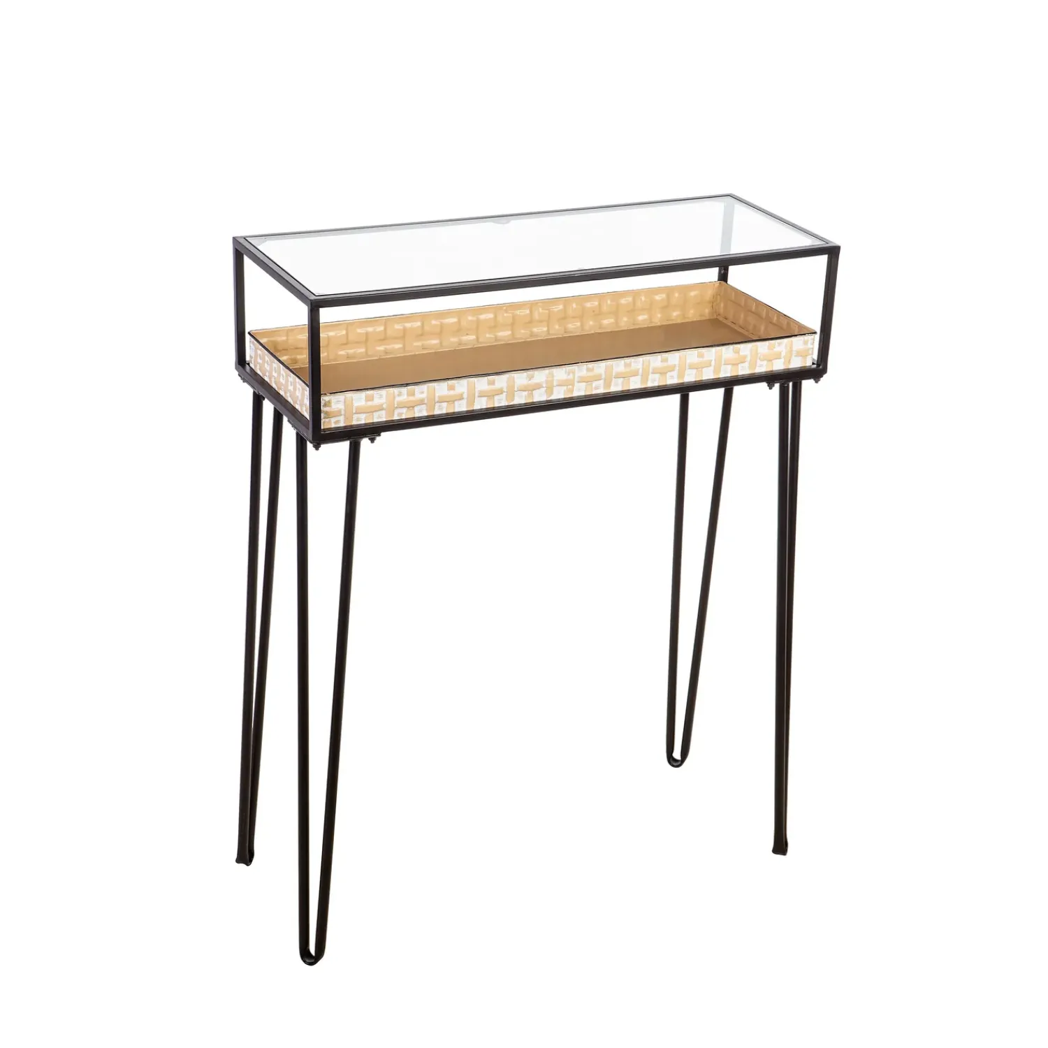 Plow & Hearth Accent Tables|Desks & Console Tables>Metal Table with Glass Top and Gold Metal Planter Dish