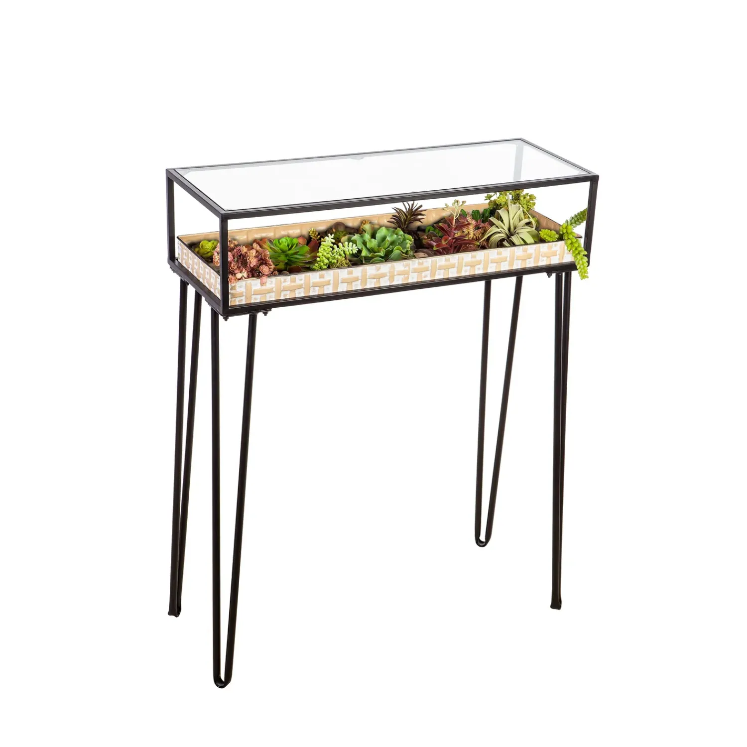 Plow & Hearth Accent Tables|Desks & Console Tables>Metal Table with Glass Top and Gold Metal Planter Dish