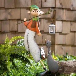 Plow & Hearth Garden Statues>Metal Traveling Kid With Duck Friend Statue, 25"H