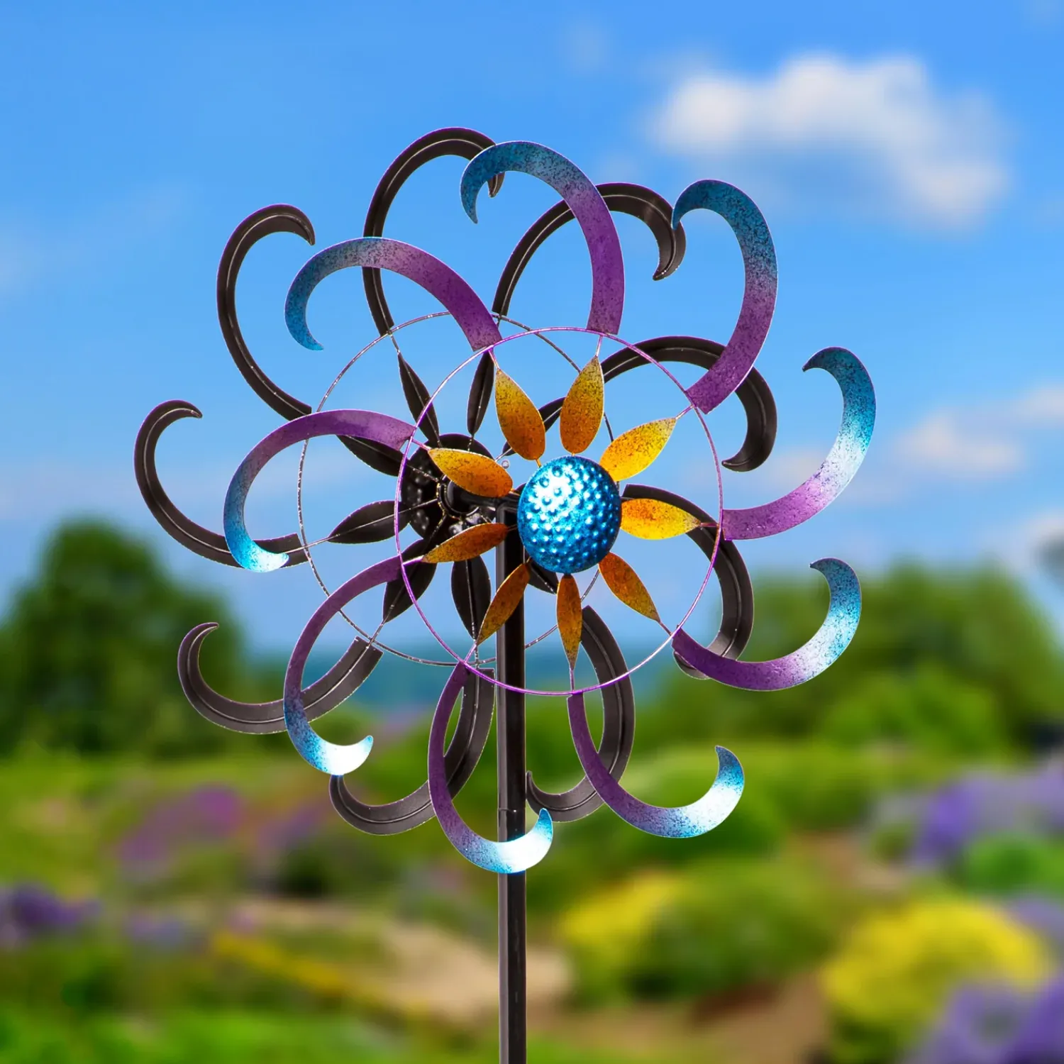 Plow & Hearth Wind Spinners>Metal Wind Spinner, Blue & Purple Floral, 75"H