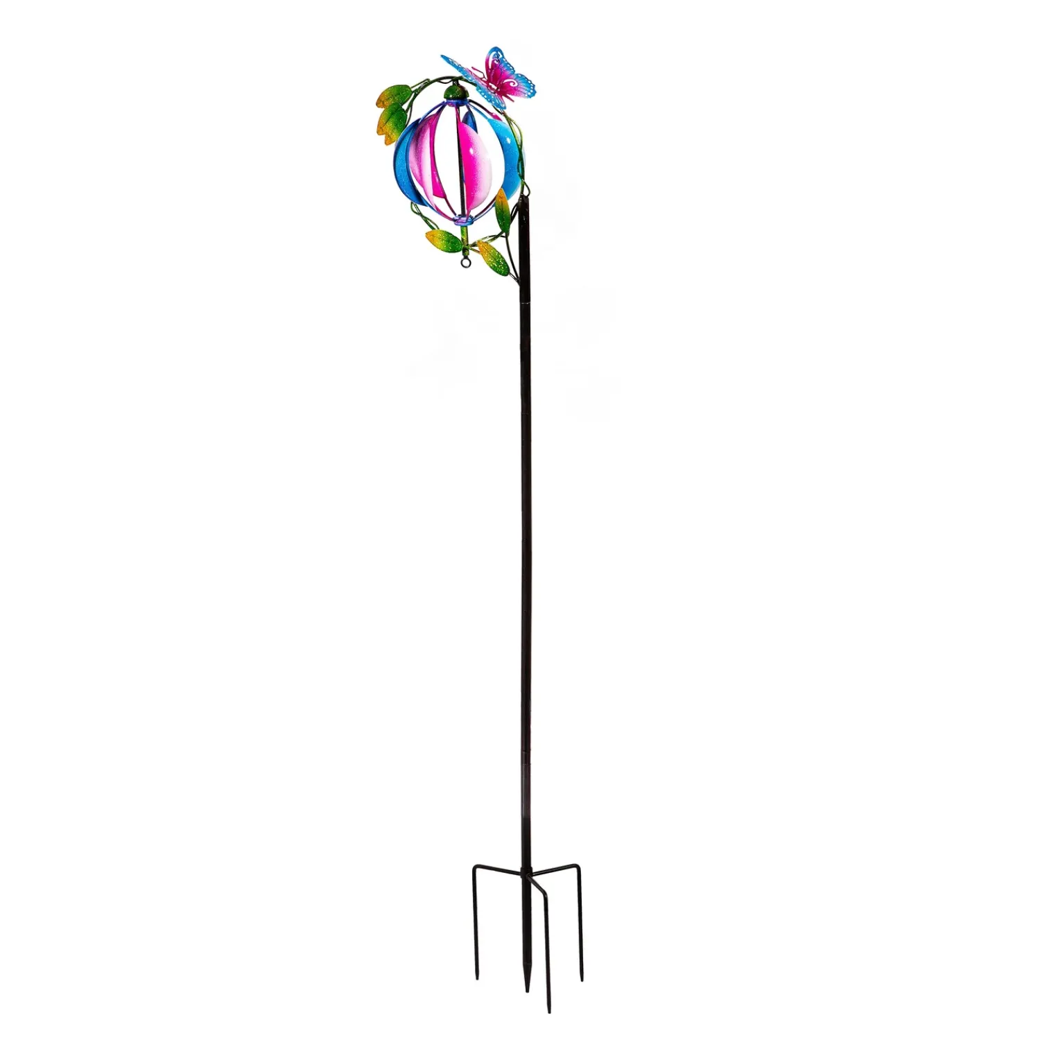 Plow & Hearth Wind Spinners>Metal Wind Spinner, Blue & Pink Orb With Butterfly, 48"H