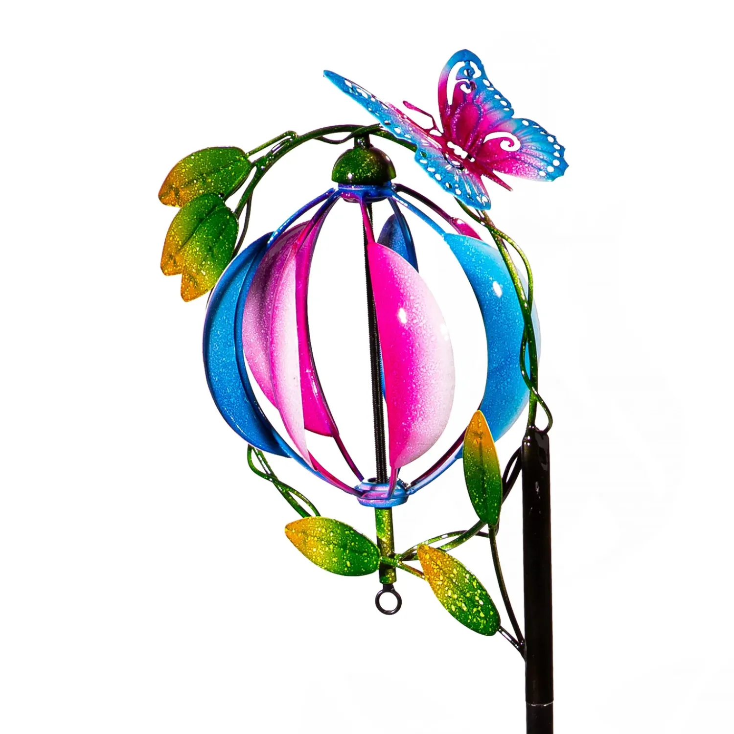 Plow & Hearth Wind Spinners>Metal Wind Spinner, Blue & Pink Orb With Butterfly, 48"H