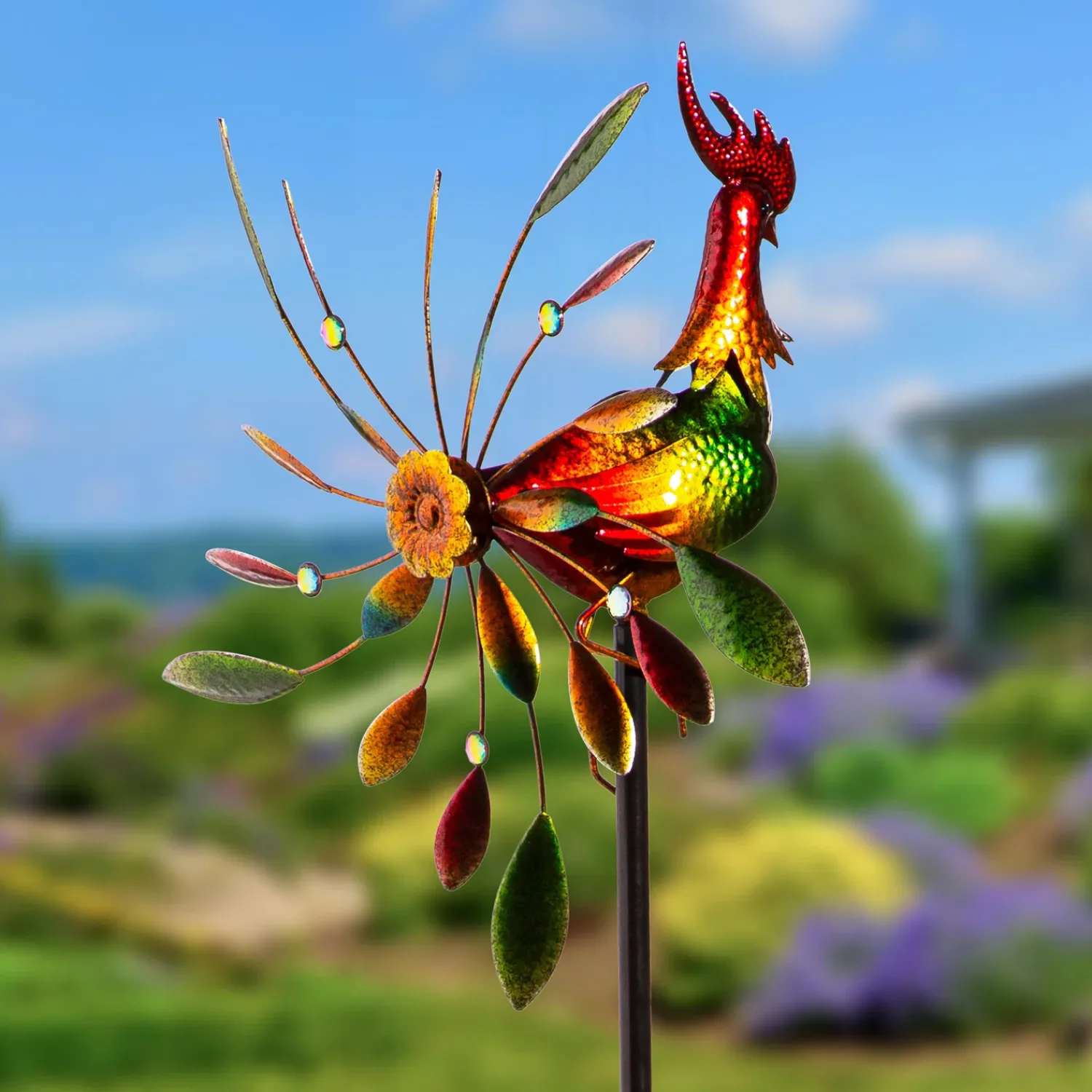 Plow & Hearth Wind Spinners>Metal Wind Spinner, Spinning Rooster, 63"H