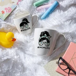 Plow & Hearth Coffee & Tea Cups>Mommy and Me Ceramic Cup Gift Set, 17 oz. & 7 oz, Mom Life/Kid Life