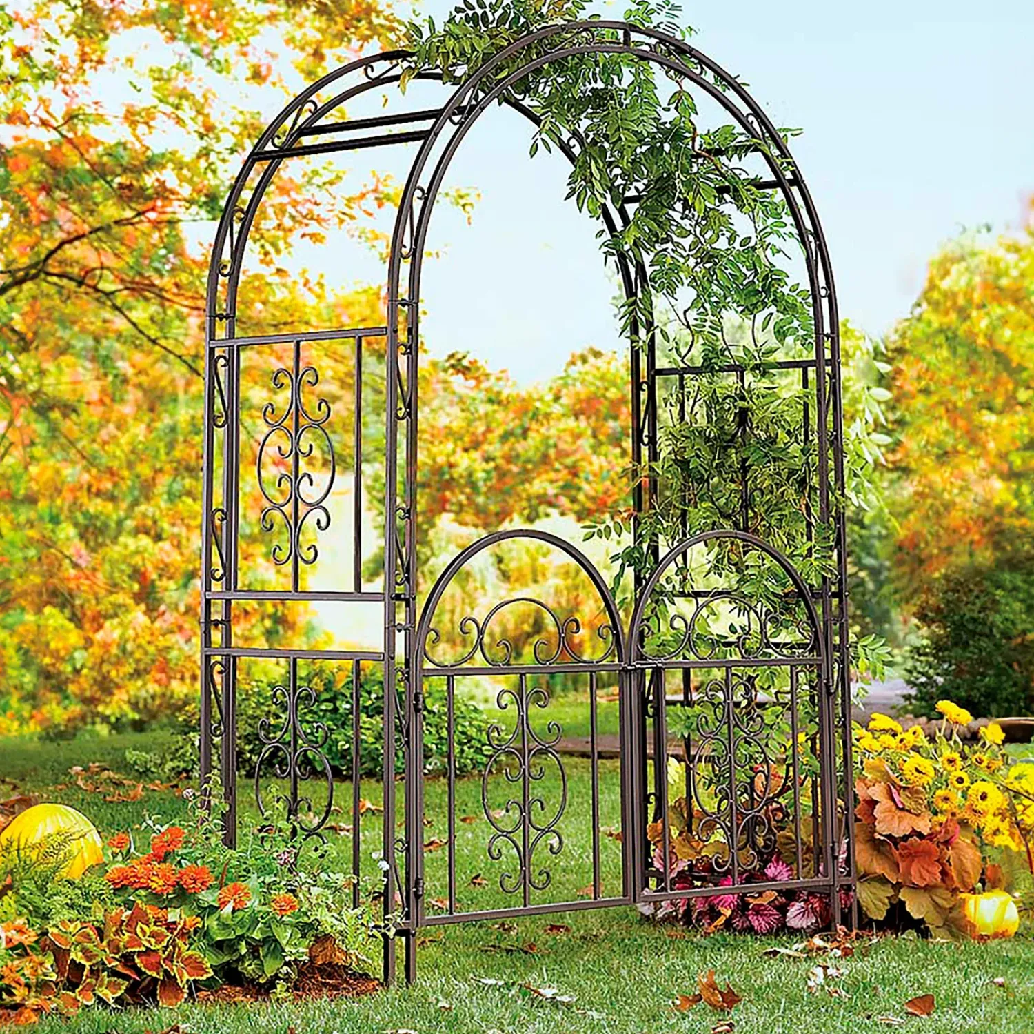 Plow & Hearth Arbors & Trellises>Montebello Scrollwork Metal Garden Arbor with Gate