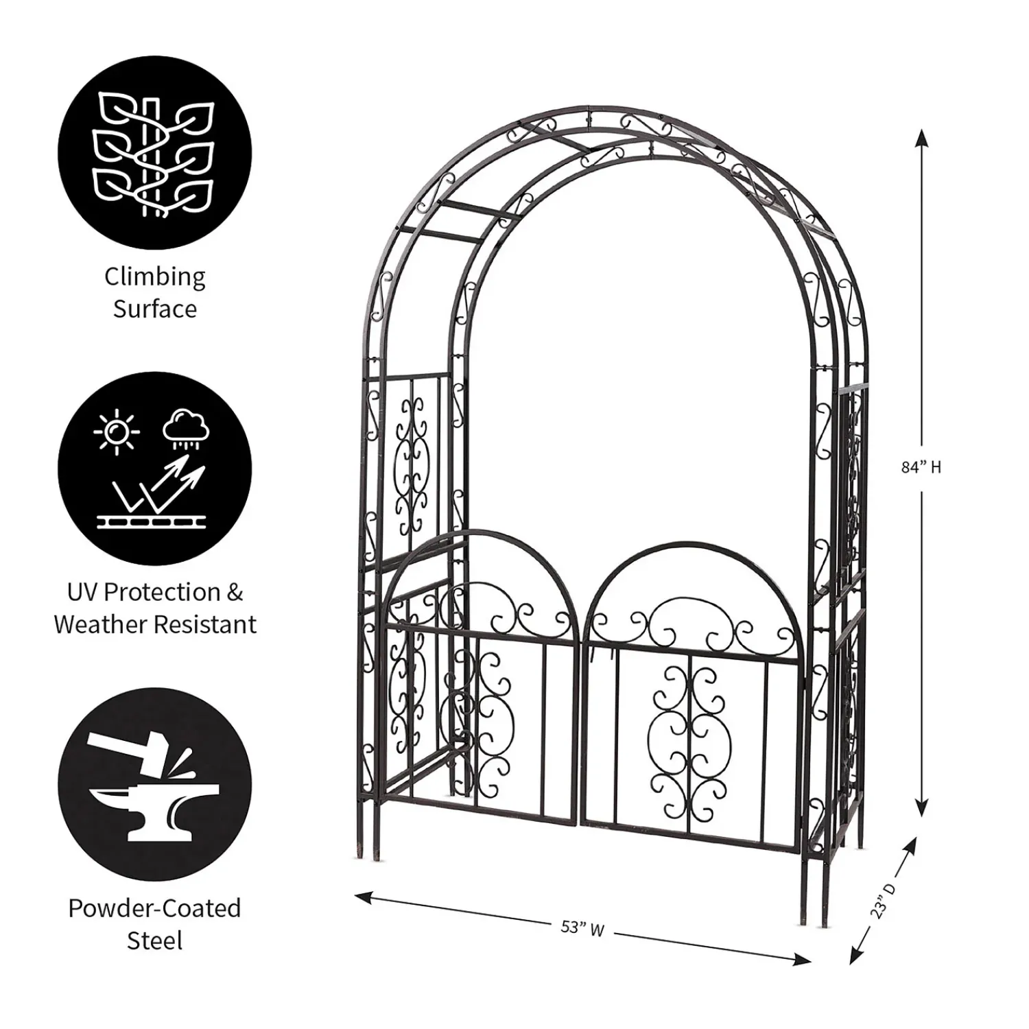 Plow & Hearth Arbors & Trellises>Montebello Scrollwork Metal Garden Arbor with Gate