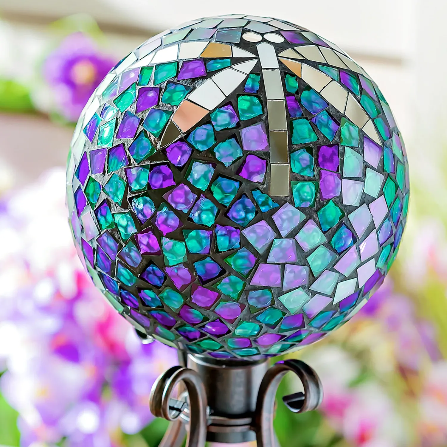 Plow & Hearth Gazing Balls>Mosaic Dragonfly Glass Gazing Ball