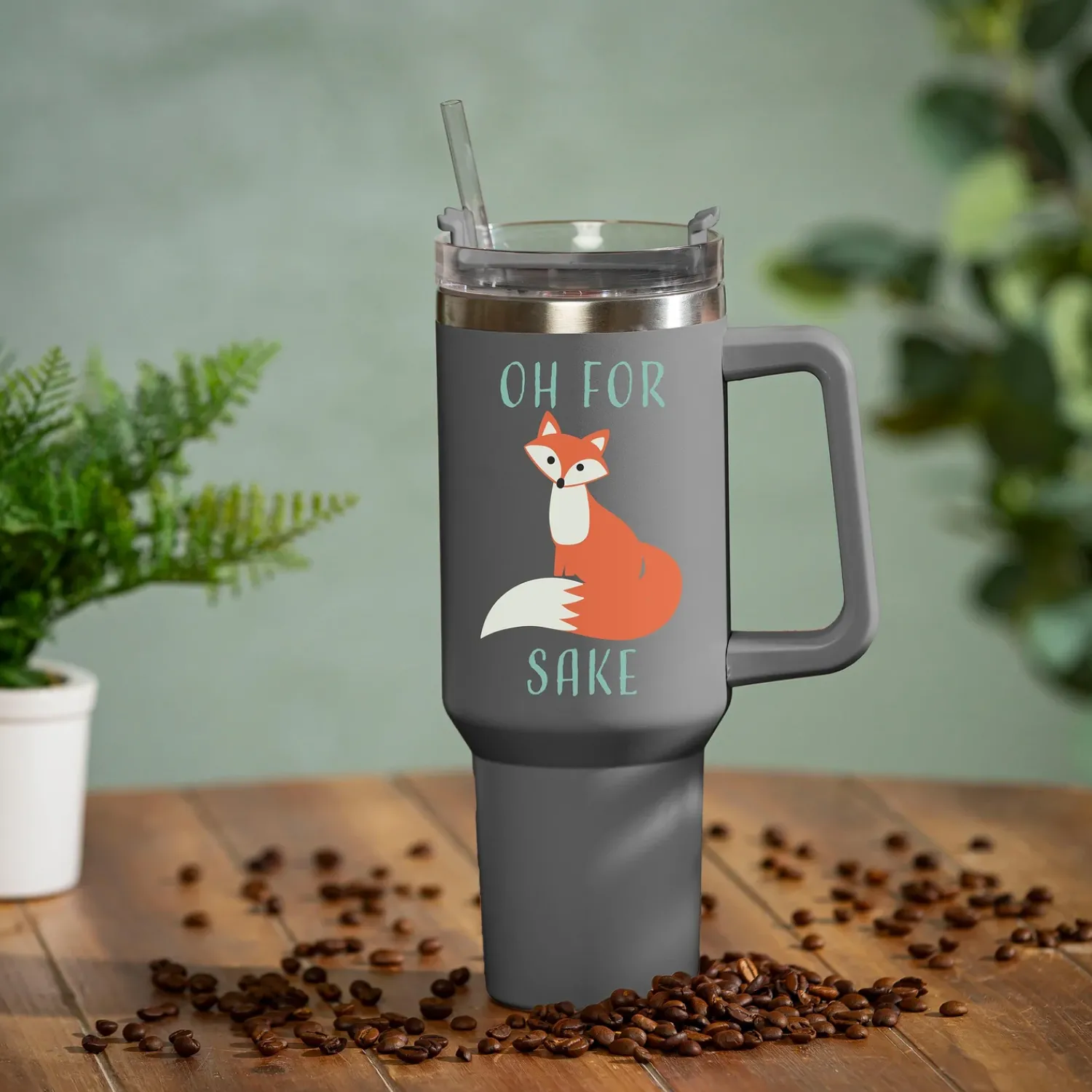 Plow & Hearth Travel Cups>Oh For Fox Sake Canyon Cup, Double Wall Stainless Steel w/ Straw, 40oz, Gift Box