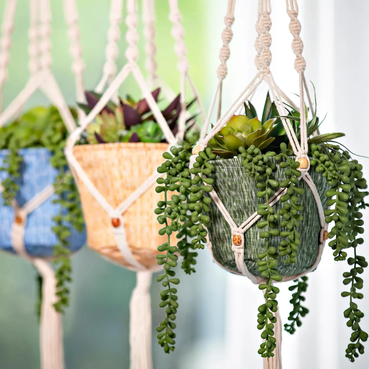 Plow & Hearth Planters & Plant Stands|Planters & Vases>Olivia Fabric Planter with Macrame Holder Blue