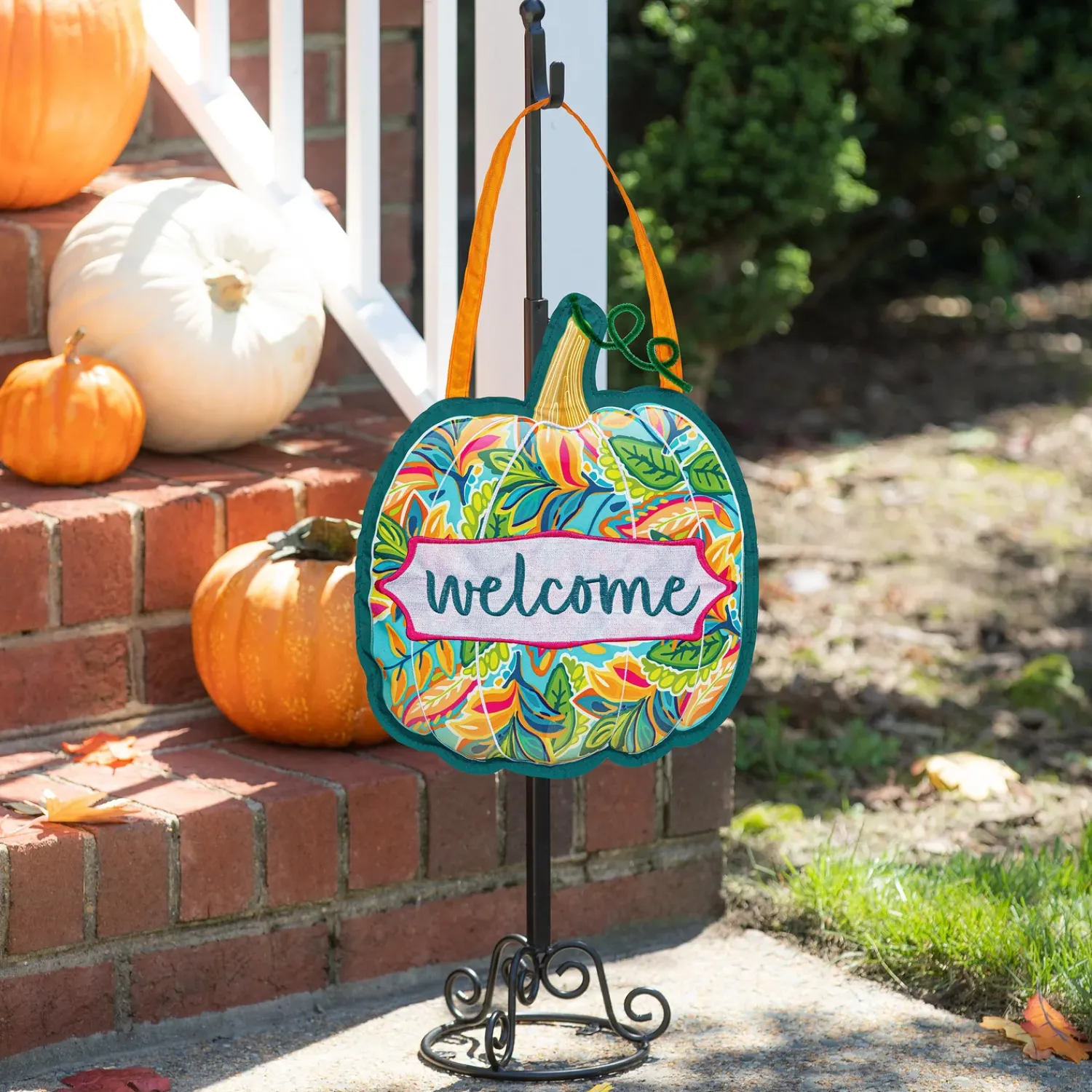 Plow & Hearth Fabric Door Hangers>Patterned Jacobean Floral Pumpkin Door Décor