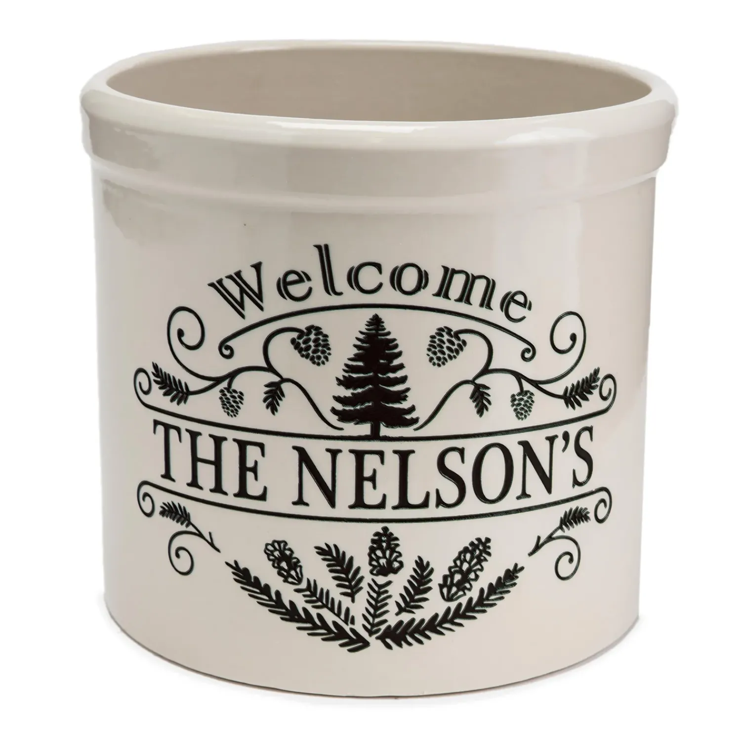 Plow & Hearth Planters & Plant Stands>Personalized Pine Welcome Stoneware Crock