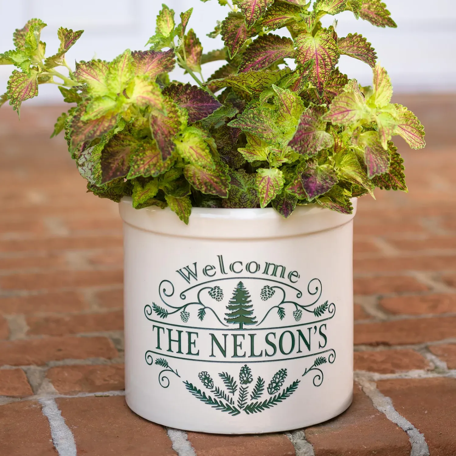 Plow & Hearth Planters & Plant Stands>Personalized Pine Welcome Stoneware Crock