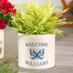 Plow & Hearth Planters & Plant Stands>Personalized Stoneware Welcome Crock with Butterfly
