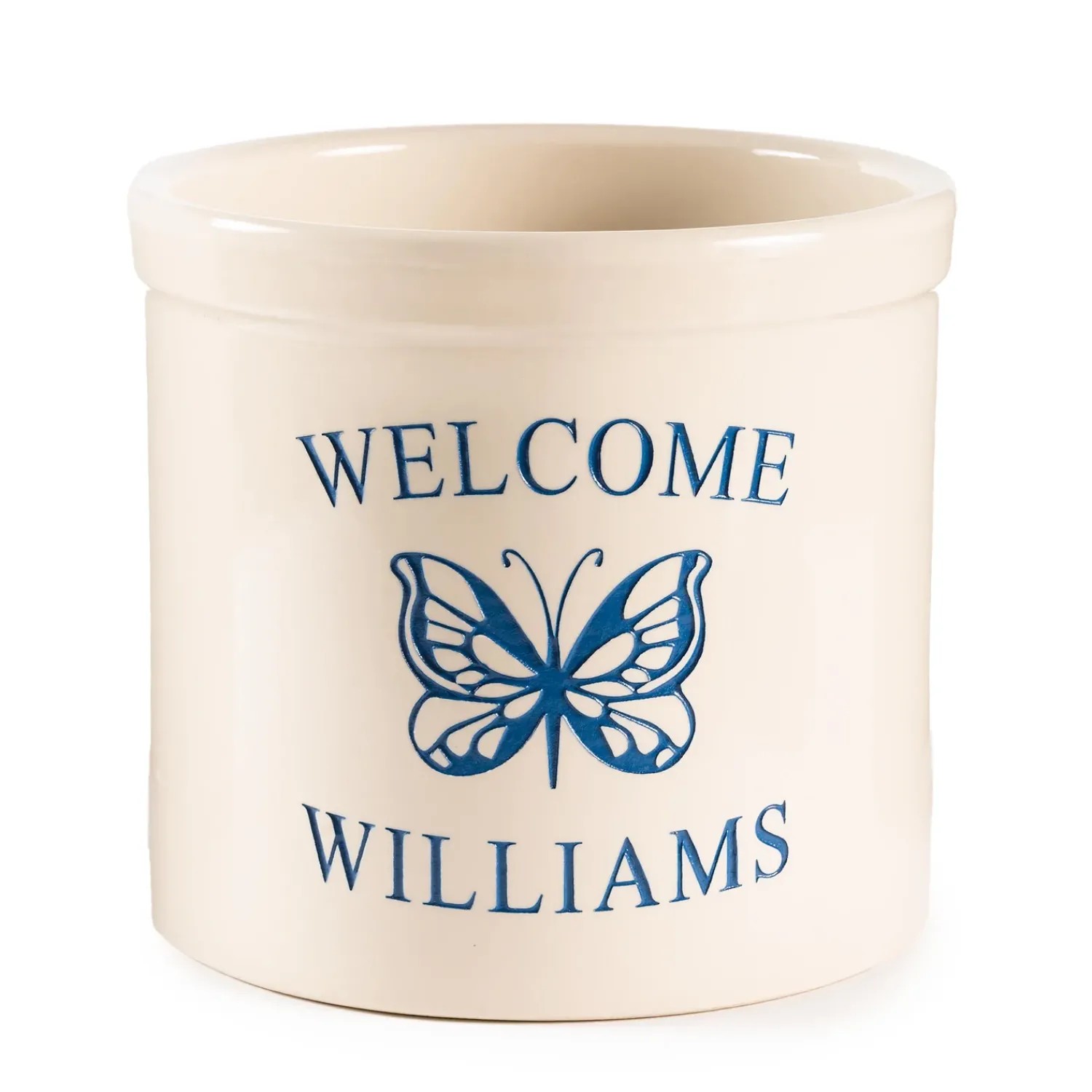 Plow & Hearth Planters & Plant Stands>Personalized Stoneware Welcome Crock with Butterfly