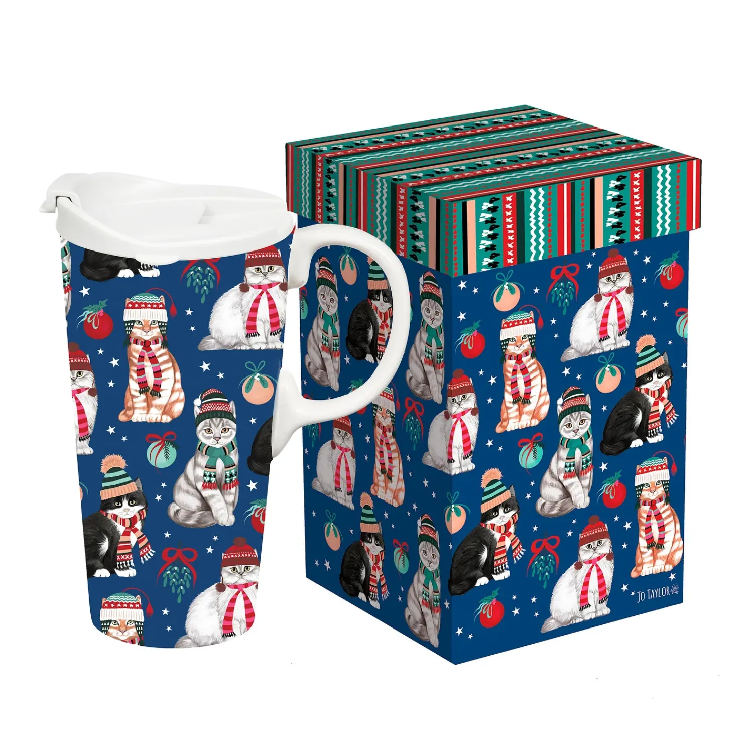 Plow & Hearth Travel Cups>Pet Travel Cup Ceramic Perfect Cup, Winter Cats, 17oz, Gift Box