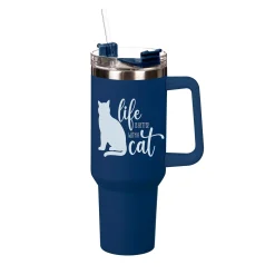 Plow & Hearth Travel Cups>Pet Tumbler Stainless-Steel Canyon Cup w/ Straw, Life Is Better With A Cat, 40oz, Gift Box