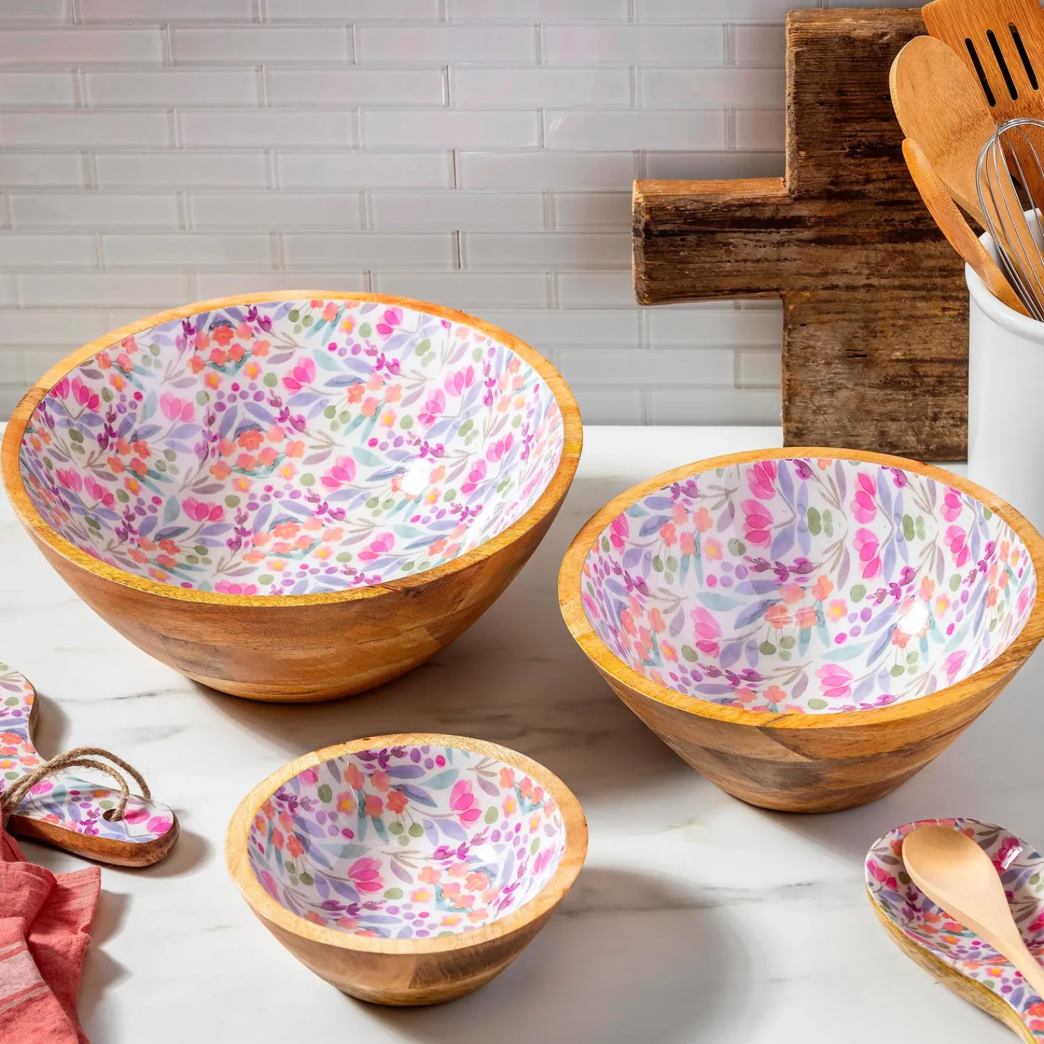 Plow & Hearth Plates & Platters|Serveware>Petal Paradise Wood Bowl Set