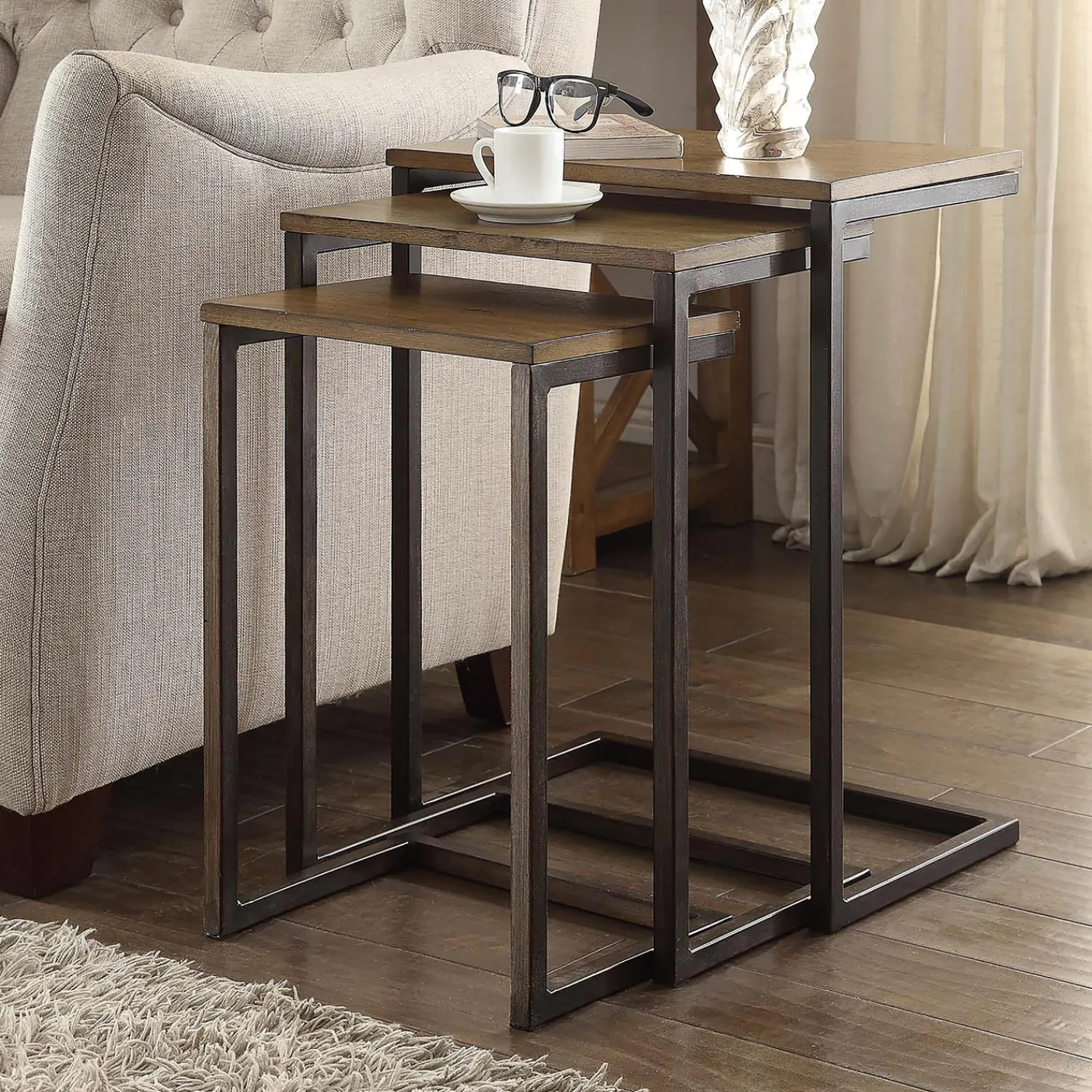 Plow & Hearth Accent Tables>3-Piece Industrial Style Rectangular Metal and Wood Nesting Tables