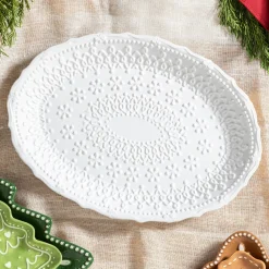Plow & Hearth Plates & Platters>Platter Embossed Ceramic Serving Platter, 14"L x 9"W