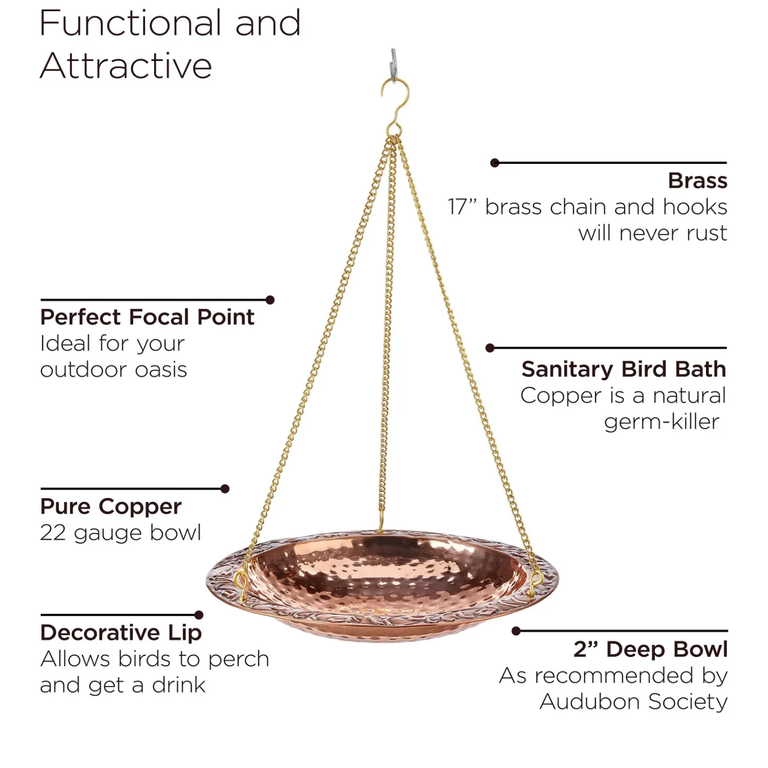 Plow & Hearth Birdbaths>Pure Copper Hanging Birdbath on 17" Long Brass Chain with Hook