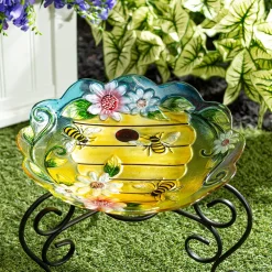 Plow & Hearth Birdbaths>18" Glass Bird Bath, Floral Beehouse