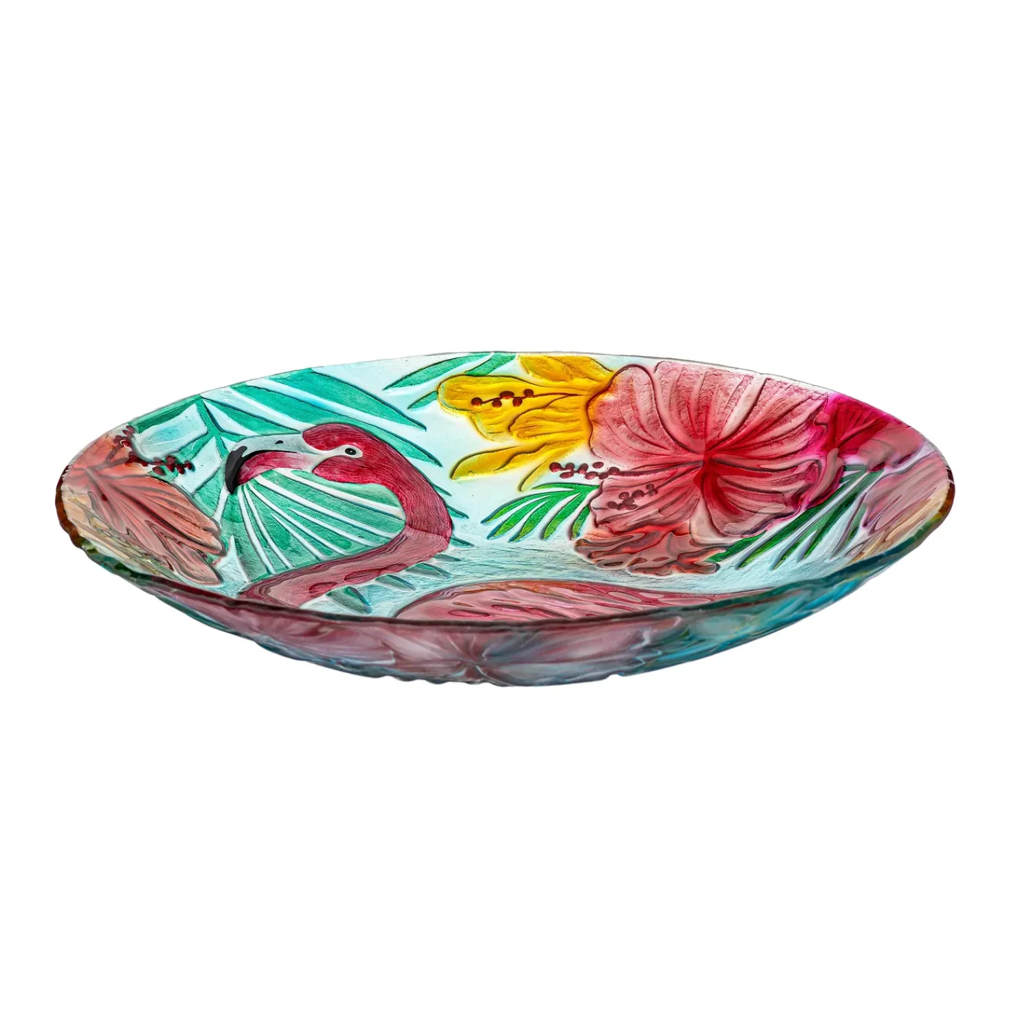 Plow & Hearth Birdbaths>18" Glass Bird Bath, Floral Flamingo