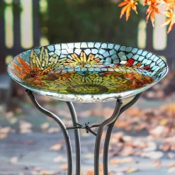 Plow & Hearth Birdbaths>18" Glass Bird Bath, Moasic Translucent and Metallic Finish
