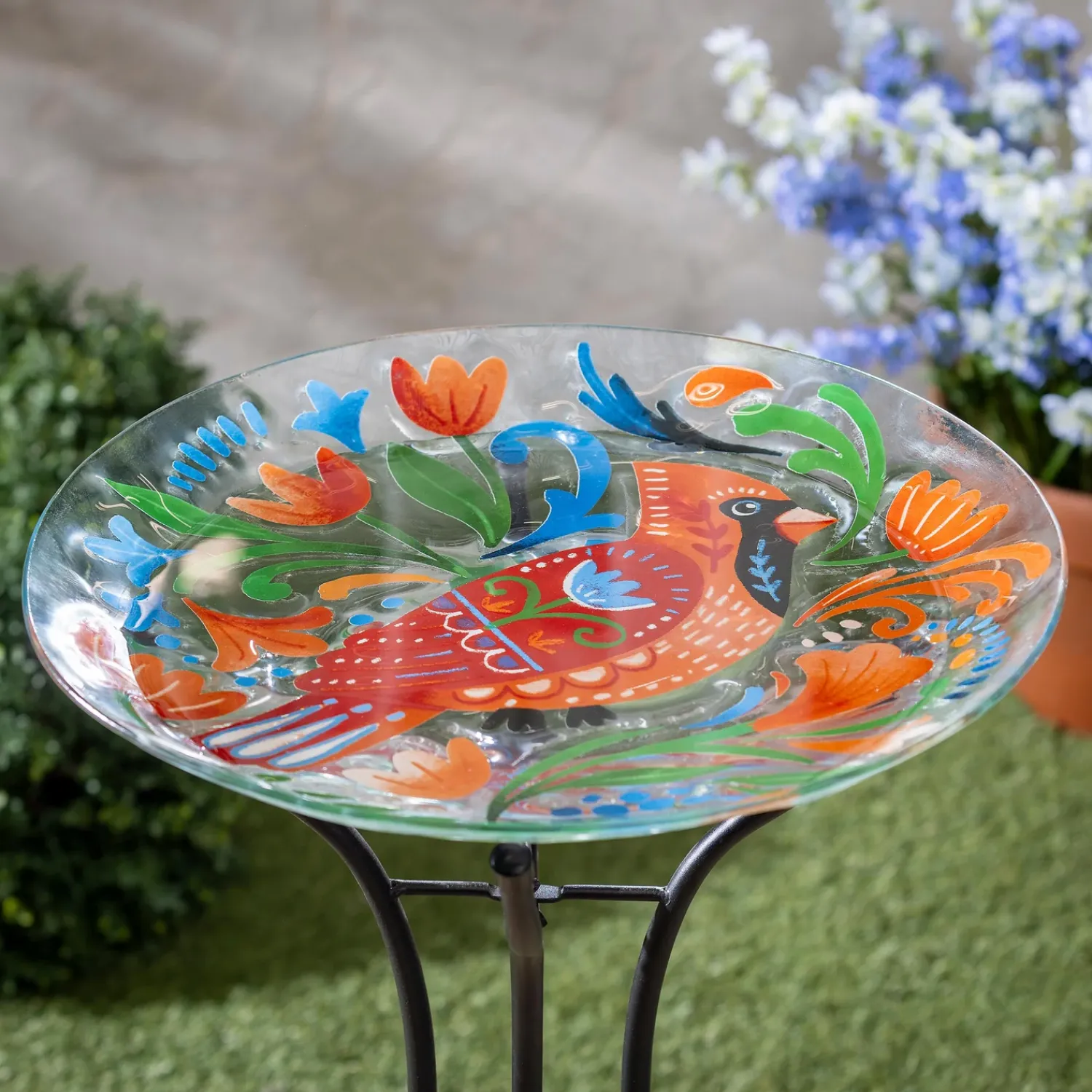 Plow & Hearth Birdbaths>18" Glass Folk Art Bird Bath, Cardinal