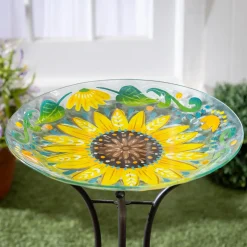Plow & Hearth Birdbaths>18" Glass Folk Art Bird Bath, Sunflower