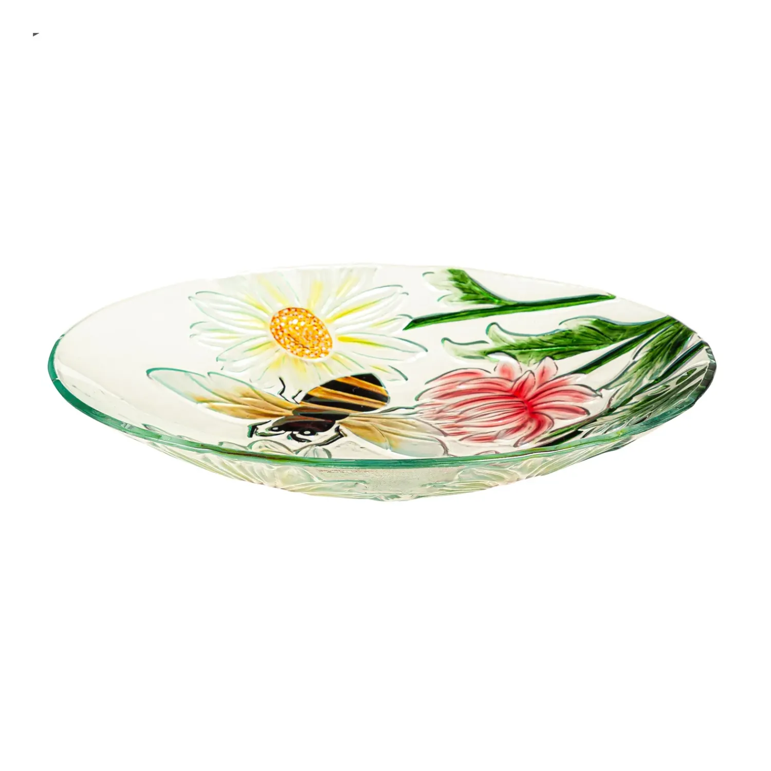Plow & Hearth Birdbaths>18" Hand Painted Daisies & Bee Glass Bird Bath