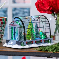 Plow & Hearth Decorative Accents>8.75" LED Christmas Greenhouse with Rotating Tree and Music Table Décor