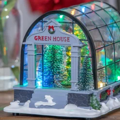 Plow & Hearth Decorative Accents>8.75" LED Christmas Greenhouse with Rotating Tree and Music Table Décor
