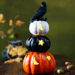 Plow & Hearth Garden Statues|Lighted Garden Decorations>10.35" LED Resin Jack O'Lantern Pumpkins with Crow Tabletop Décor
