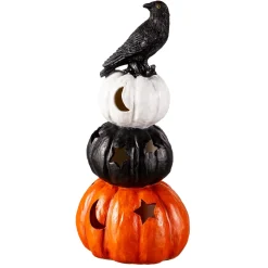 Plow & Hearth Garden Statues|Lighted Garden Decorations>10.35" LED Resin Jack O'Lantern Pumpkins with Crow Tabletop Décor