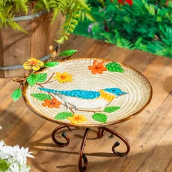 Plow & Hearth Birdbaths>17" Metal Bird Bath, Blue Bird With Flowers