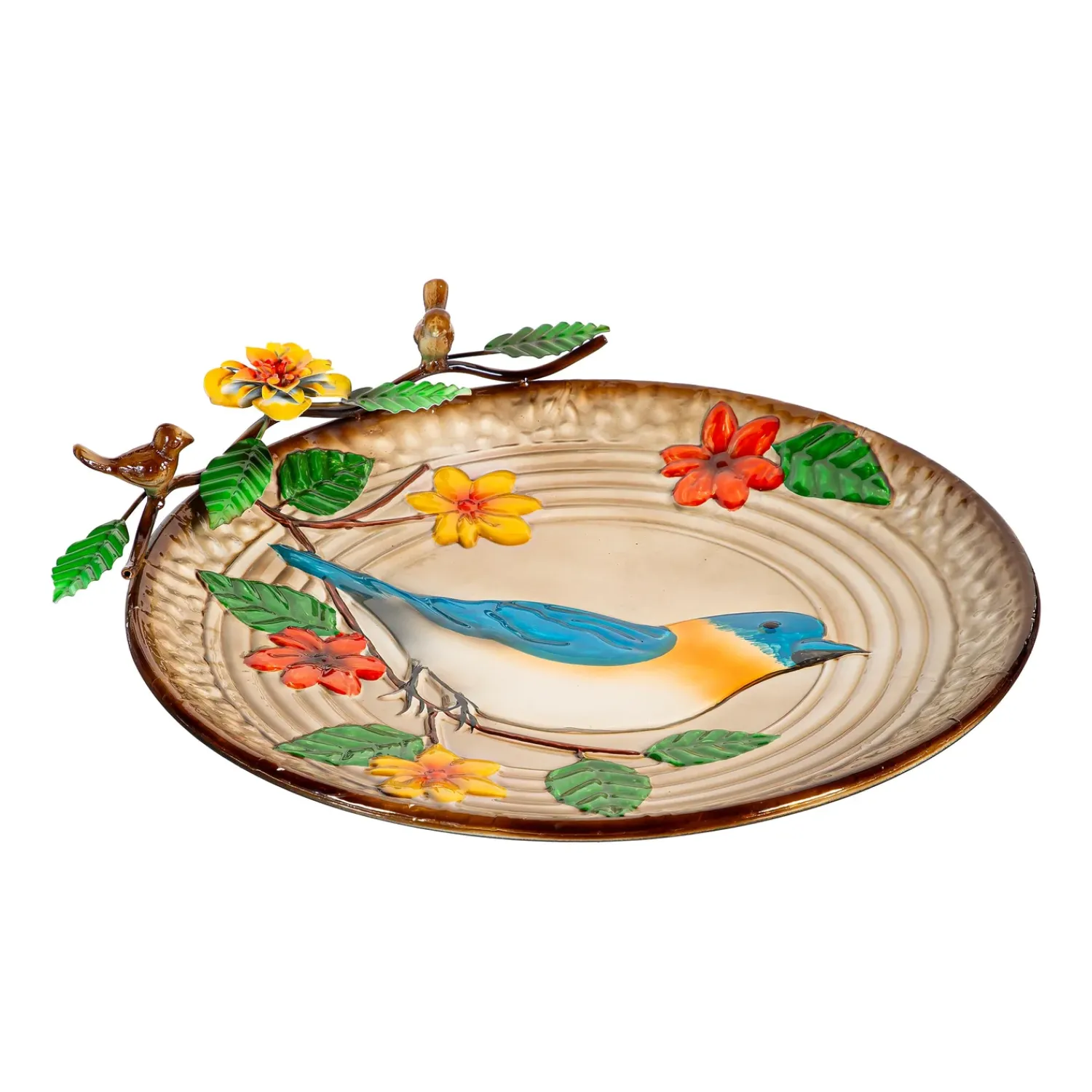 Plow & Hearth Birdbaths>17" Metal Bird Bath, Blue Bird With Flowers