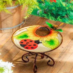 Plow & Hearth Birdbaths>17" Metal Bird Bath, Ladybug & Sunflower