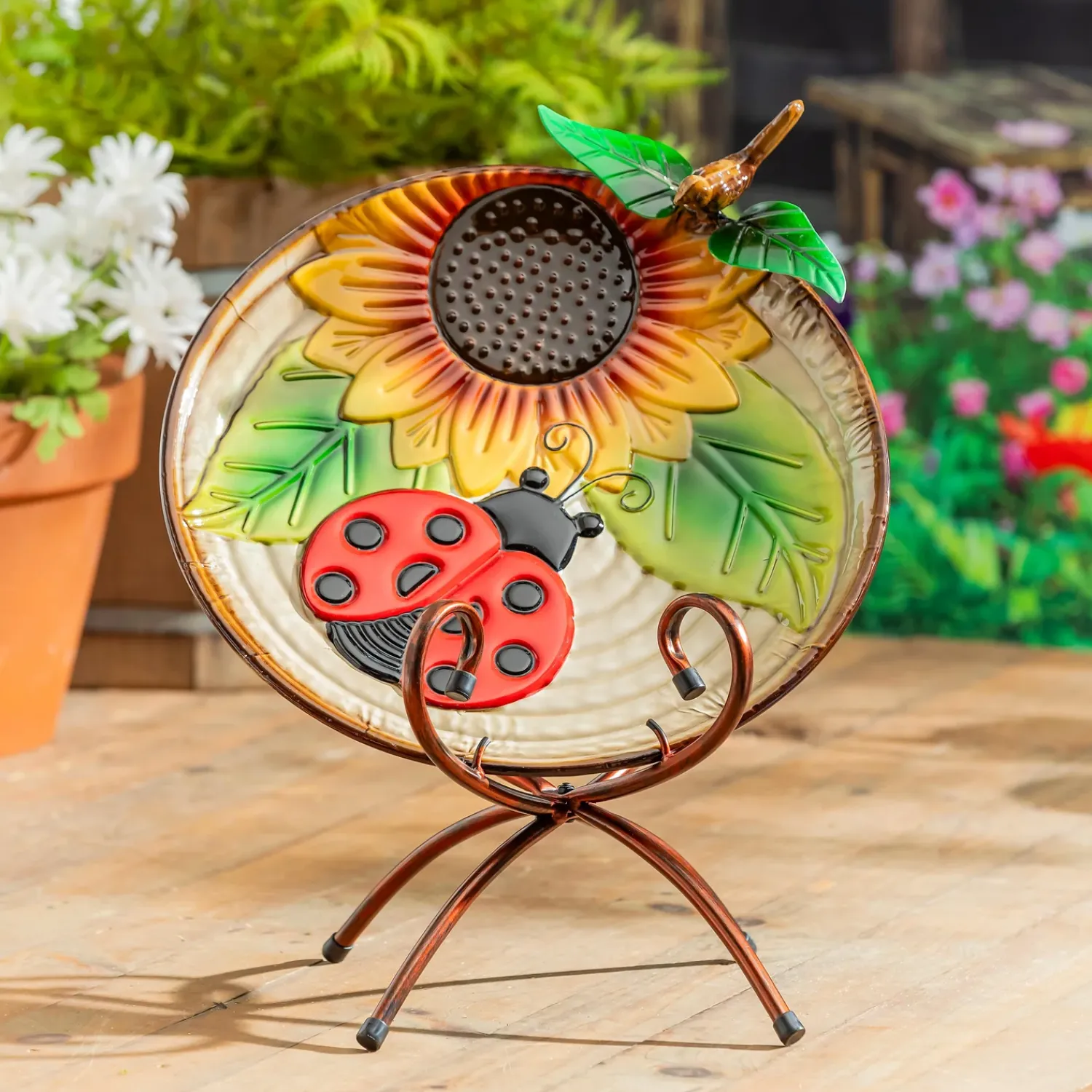 Plow & Hearth Birdbaths>17" Metal Bird Bath, Ladybug & Sunflower