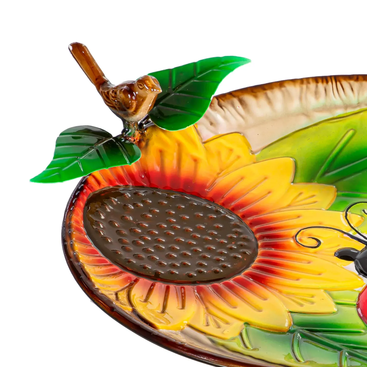 Plow & Hearth Birdbaths>17" Metal Bird Bath, Ladybug & Sunflower