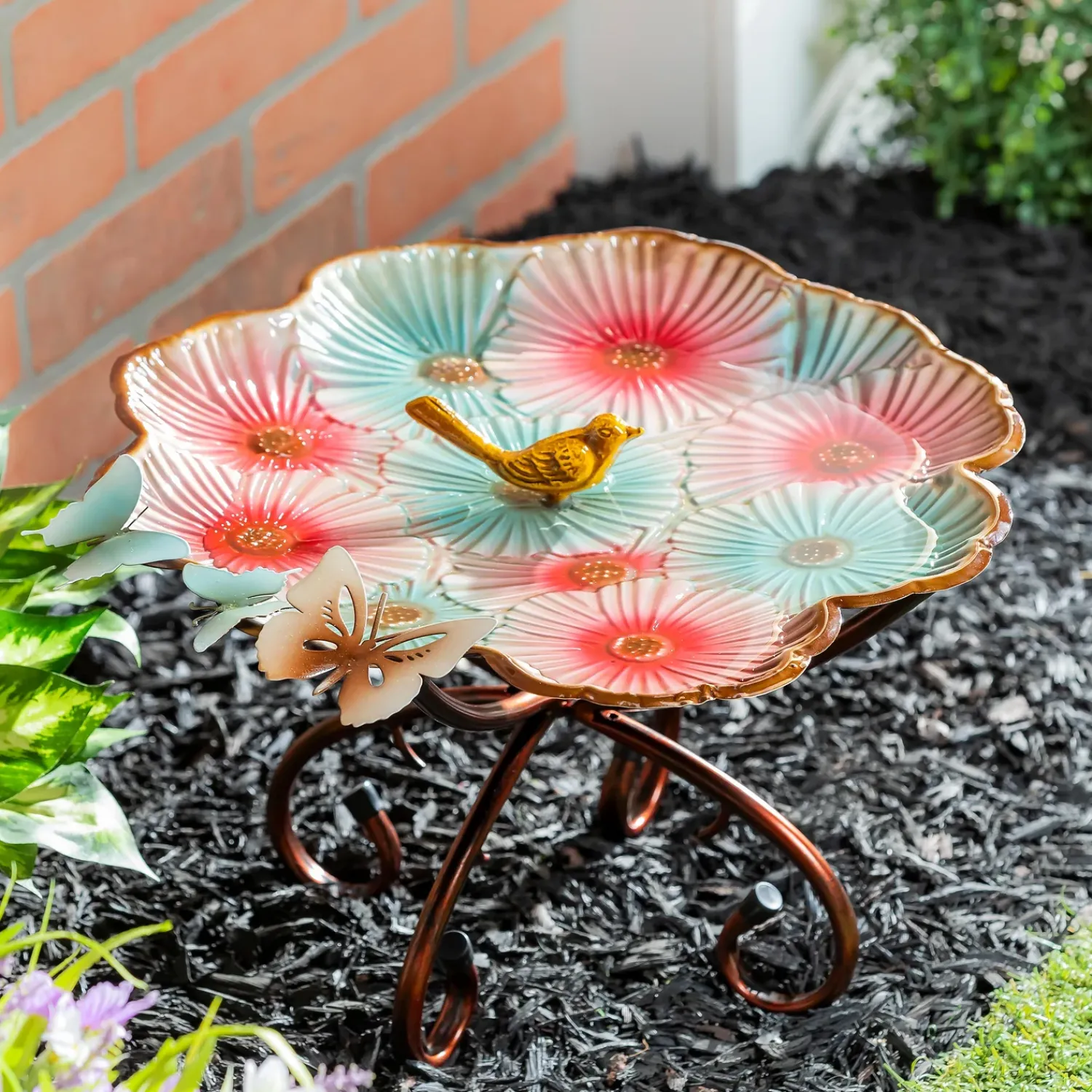 Plow & Hearth Birdbaths>17" Metal Sculpted Edge Bird Bath, Butterfly & Flowers