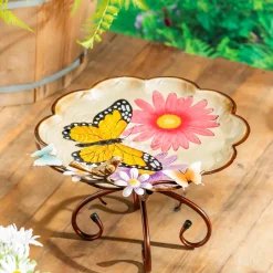 Plow & Hearth Birdbaths>17" Metal Sculpted Edge Bird Bath, Bright Butterfly & Flowers