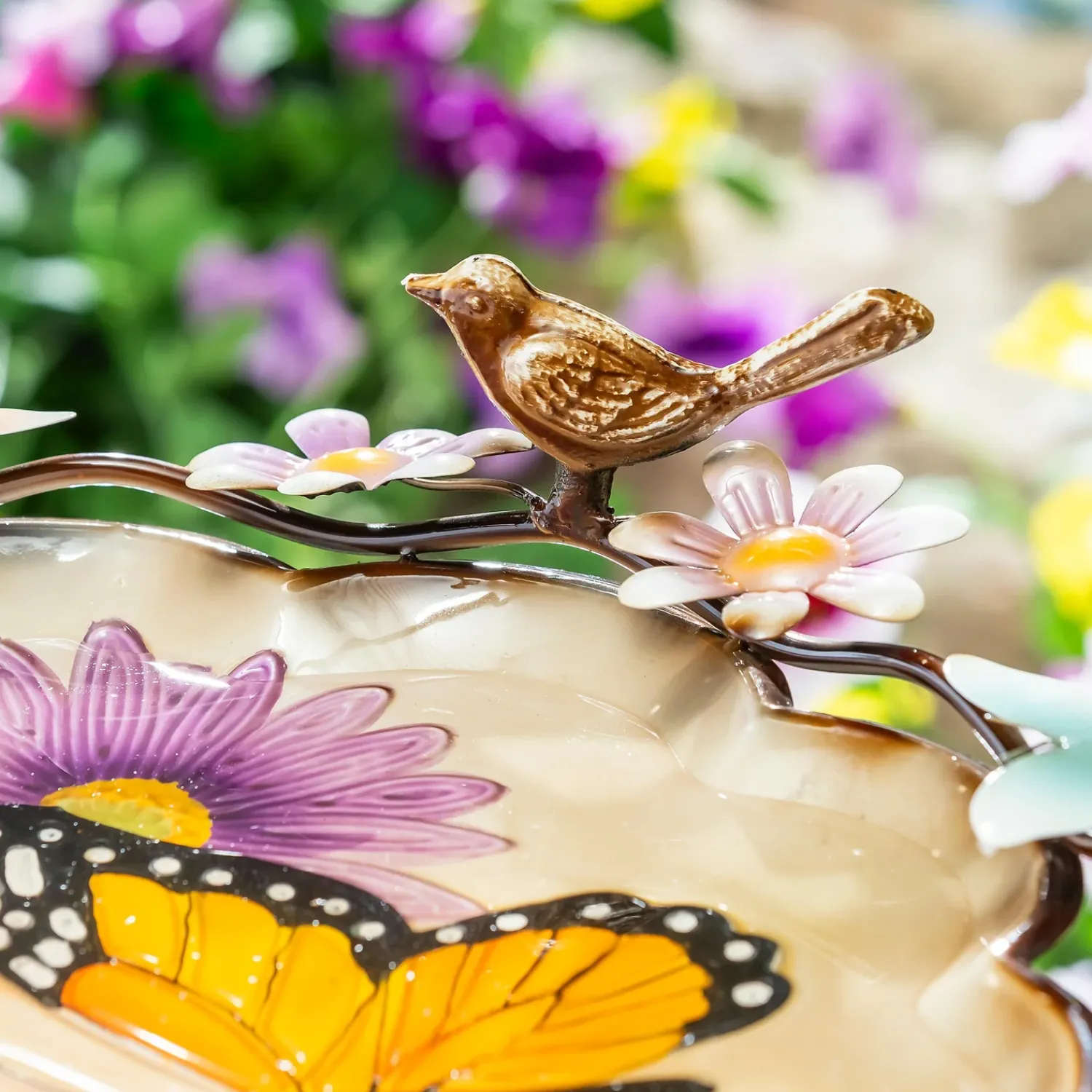 Plow & Hearth Birdbaths>17" Metal Sculpted Edge Bird Bath, Bright Butterfly & Flowers