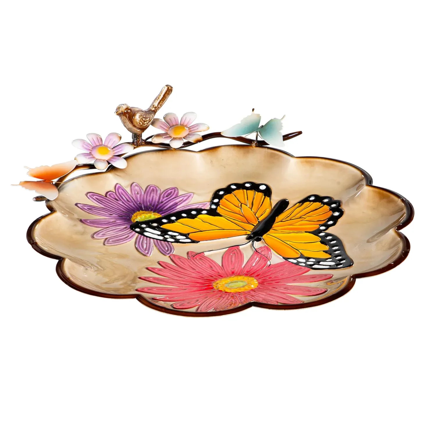 Plow & Hearth Birdbaths>17" Metal Sculpted Edge Bird Bath, Bright Butterfly & Flowers