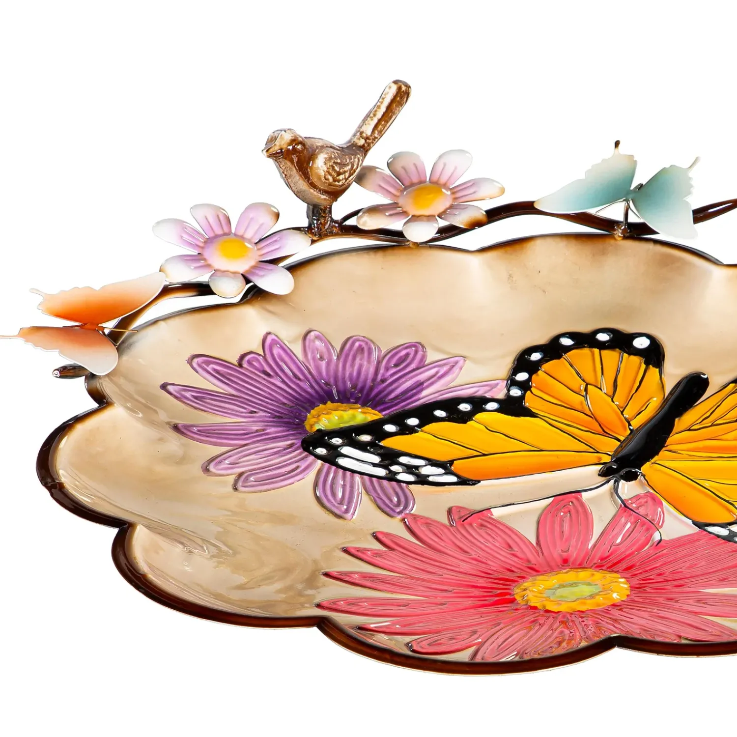 Plow & Hearth Birdbaths>17" Metal Sculpted Edge Bird Bath, Bright Butterfly & Flowers