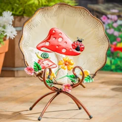 Plow & Hearth Birdbaths>17" Metal Sculpted Edge Bird Bath, Flowers & Mushrooms