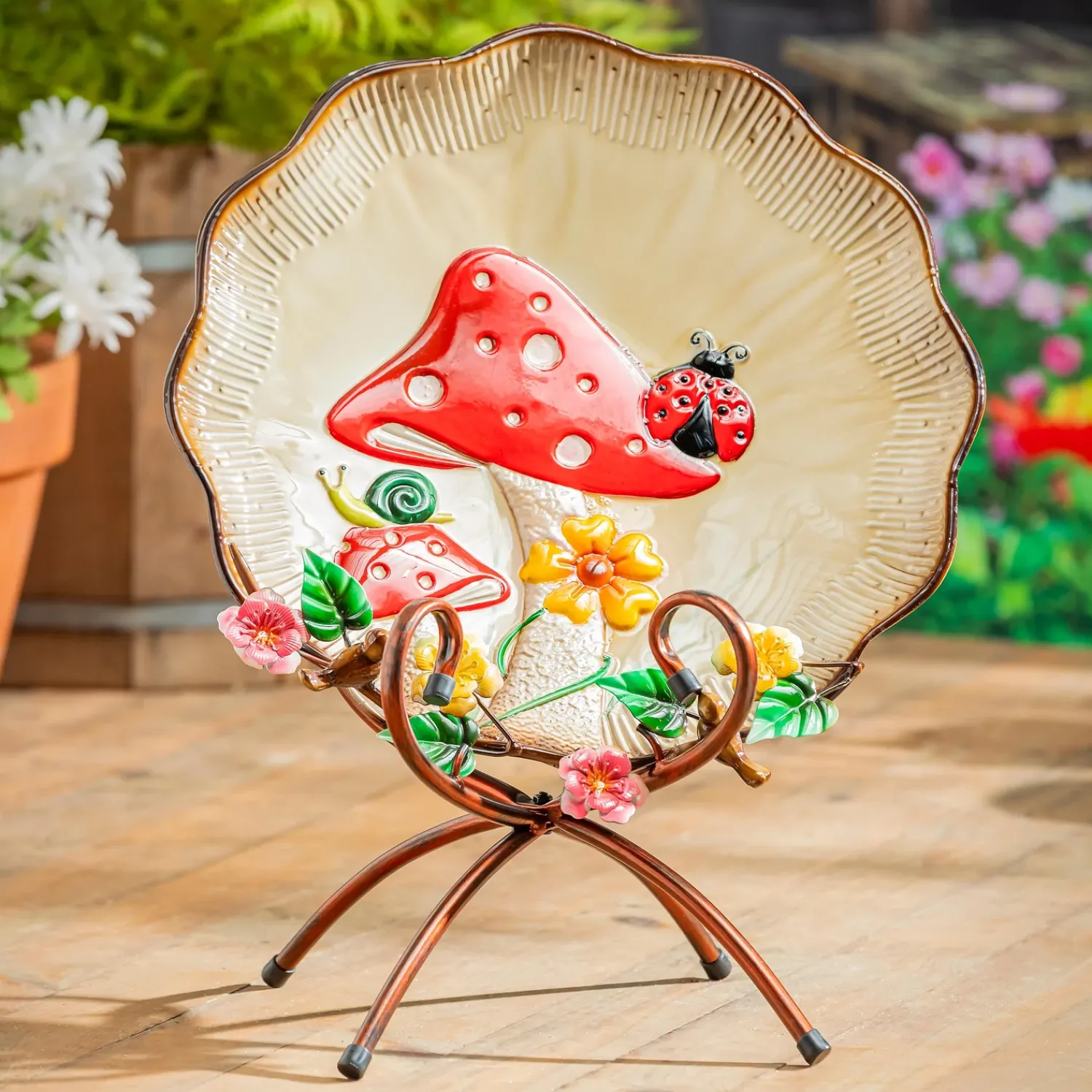 Plow & Hearth Birdbaths>17" Metal Sculpted Edge Bird Bath, Flowers & Mushrooms